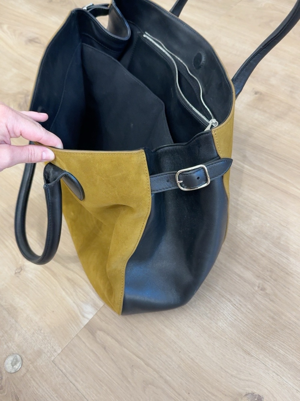 Reformation Two-Tone Suede Tote in Mustard and Black - Picture 2 of 4